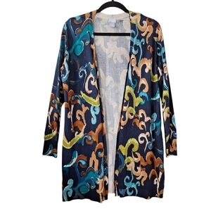 Chico's Sz‎ 1/US Medium Scroll Print Open Front Lightweight Cardigan Sweater